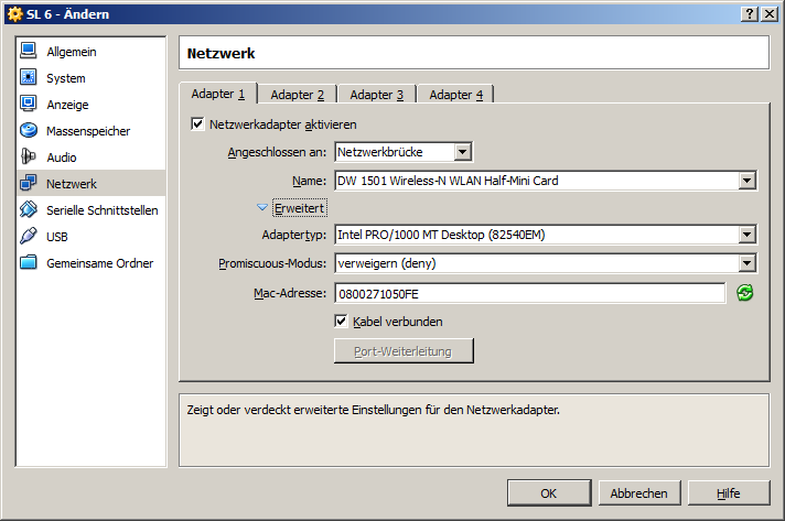 VirtualBox Netzwerkeinstellungen SL 6.1